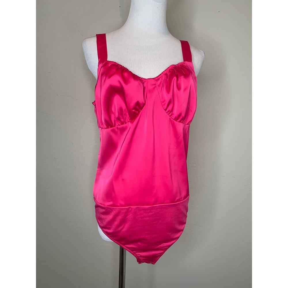 Intempo Hot Pink Satin Bodysuit Sz 14 Camisole Gathered Cups Snap